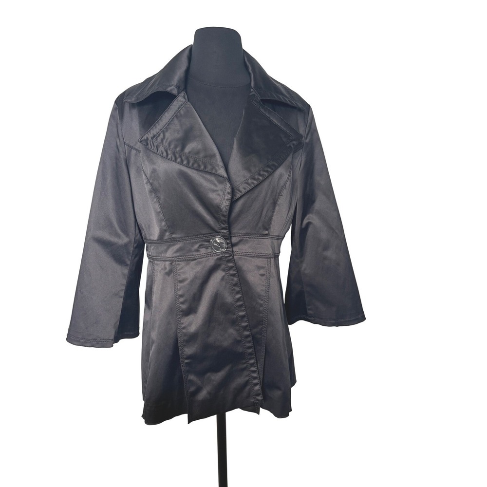 Cato Black‎ Satin Trench Coat 3/4 Sleeve Button Front Jacket Size M Classic